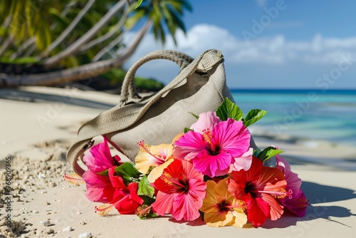 colorful hibiscus blooms spilling out of a tote on a palmshaded shore photo