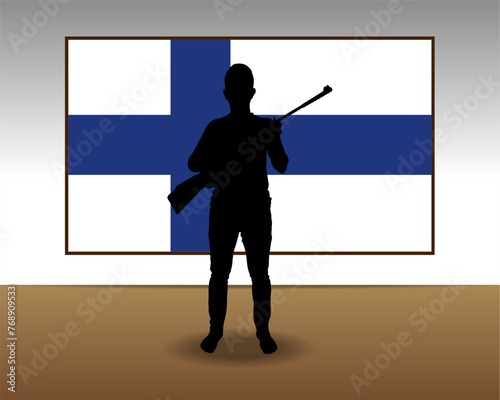 Man holding a gun in front of Finland flag, fight or war idea