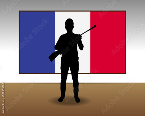 Man holding a gun in front of France flag, fight or war idea