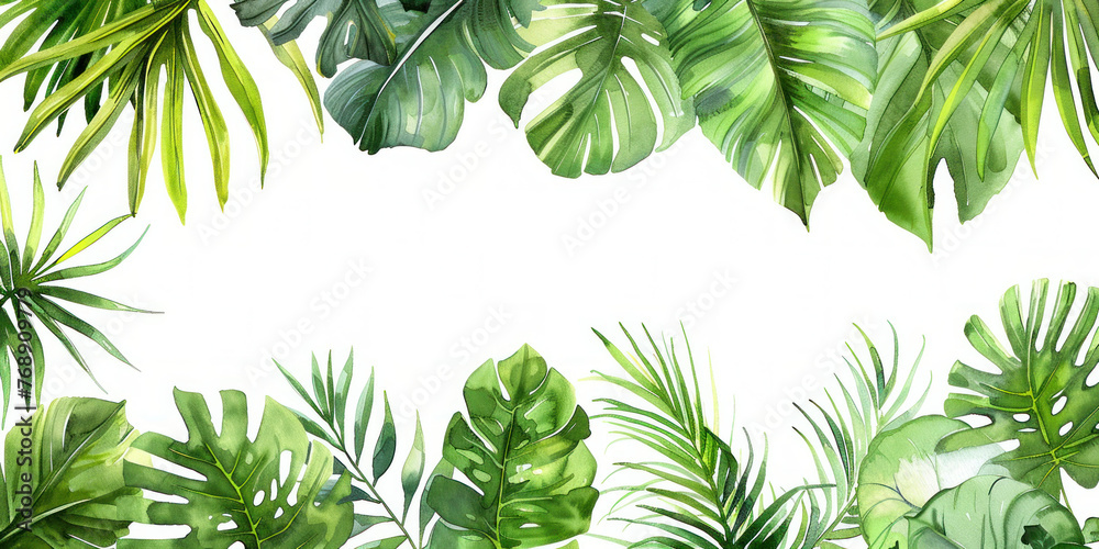 Tropical plants and leaves watercolor illustration on white background with space for text