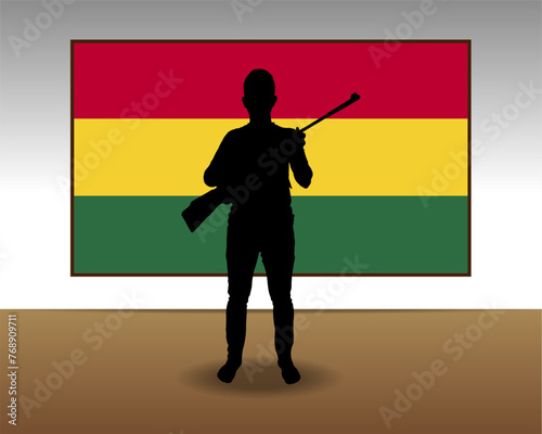 Man holding a gun in front of Ghana flag, fight or war idea