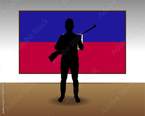 Man holding a gun in front of Haiti flag, fight or war idea