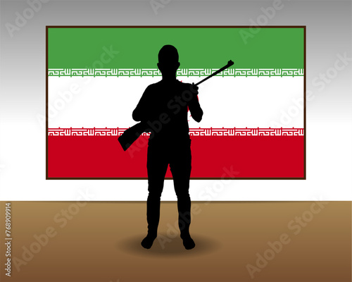 Man holding a gun in front of Iran flag, fight or war idea