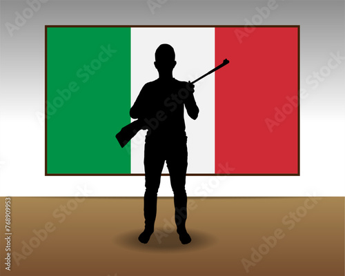 Man holding a gun in front of Italy flag, fight or war idea