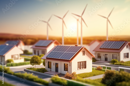 model houses with solar plants and small gardens in rural village, wind turbines in background, energy self sufficient concept