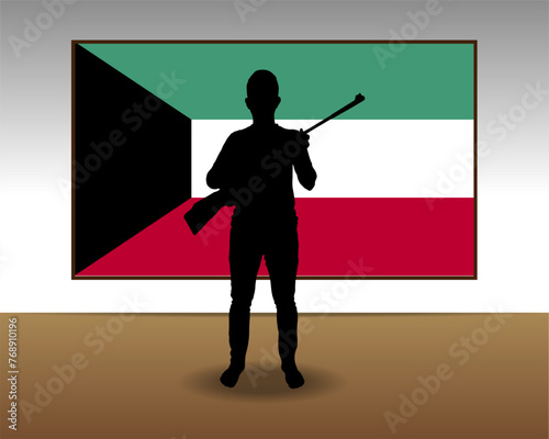 Man holding a gun in front of Kuwait flag, fight or war idea