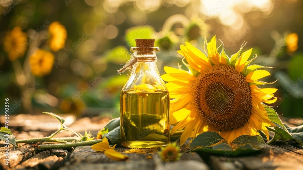 A sunflower with a bottle of sunflower oil, sunlight captured A sunflower with a bottle of sunflower oil, sunlight captured