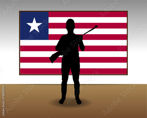 Man holding a gun in front of Liberia flag, fight or war idea