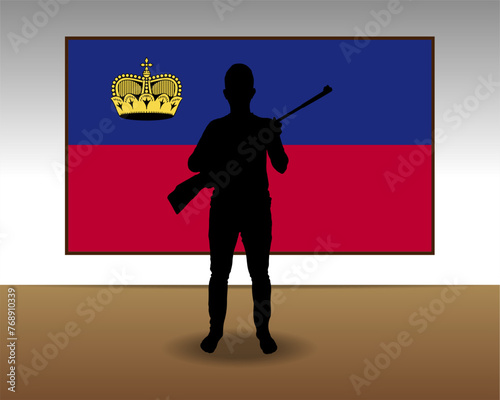 Man holding a gun in front of Liechtenstein flag, fight or war idea