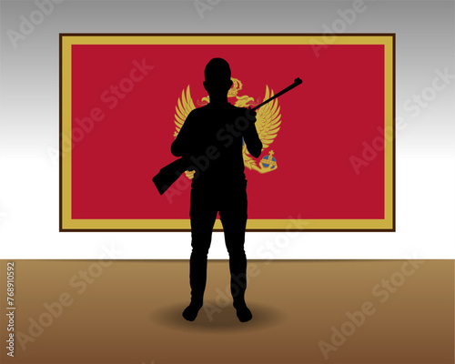 Man holding a gun in front of Montenegro flag, fight or war idea