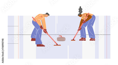 Team playing curling sport game on ice rink, vector cartoon competition with curling rock and broom players glides brush