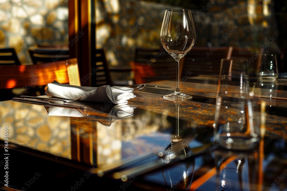 window reflection on glossy table with wine setting