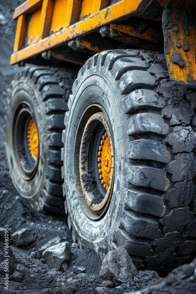 Large yellow coal anthracite mining truck operating in open pit mining industry excavation site Large yellow coal anthracite mining truck operating in open pit mining industry excavation site