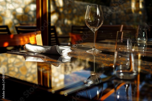 window reflection on glossy table with wine setting