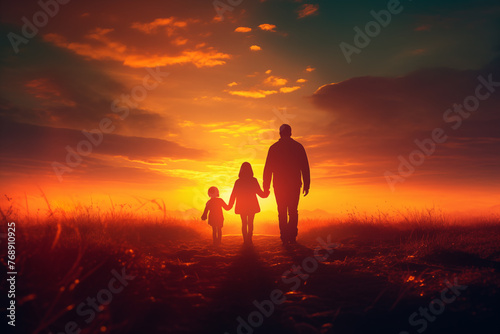 Father and two children. Man, boy and girl. Family silhouette walking down a ethereal sunset or sunrise vibrant landscape. Christian family walking the path of righteousness. Yellow sunset.