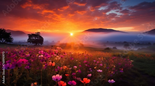 Sunset over a field of flowers