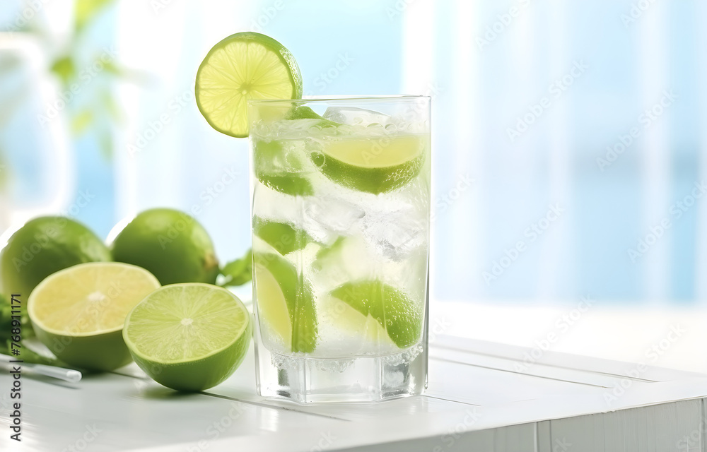 Mason jar glass of lemonade with fresh lime on a white background