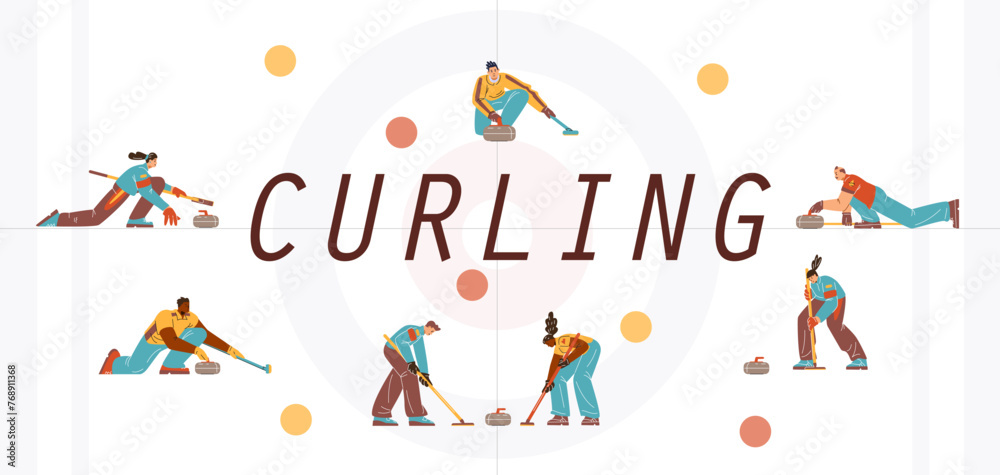 People playing curling sport game vector typography banner design, cartoon competition with curling stone and broom