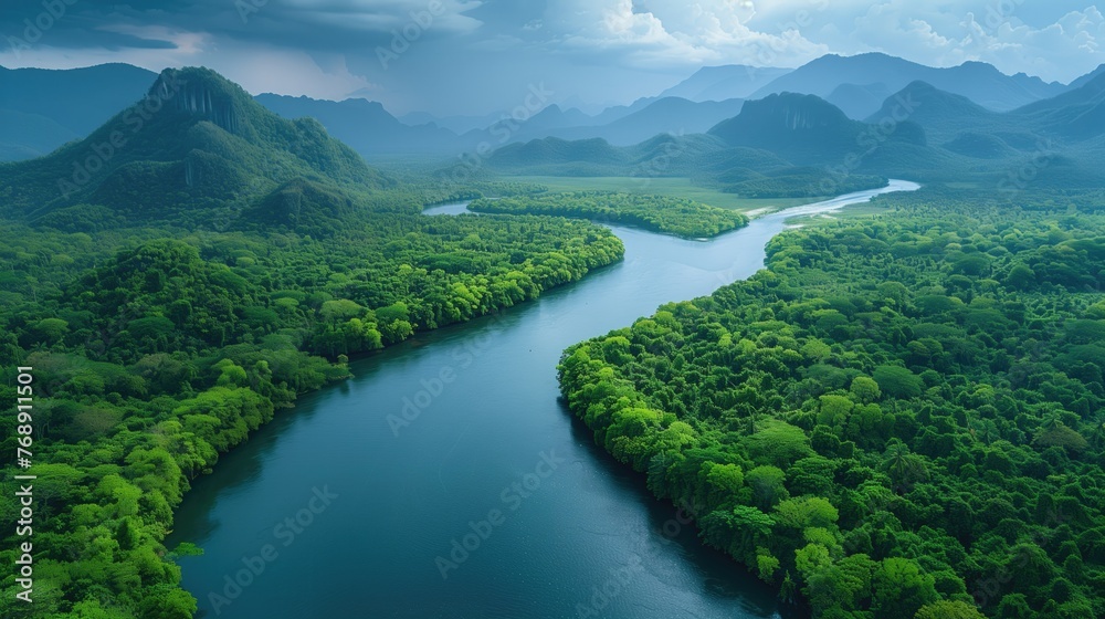 Beautiful natural scenery of river in tropical green forest with mountains in background, aerial view drone shot, generative ai