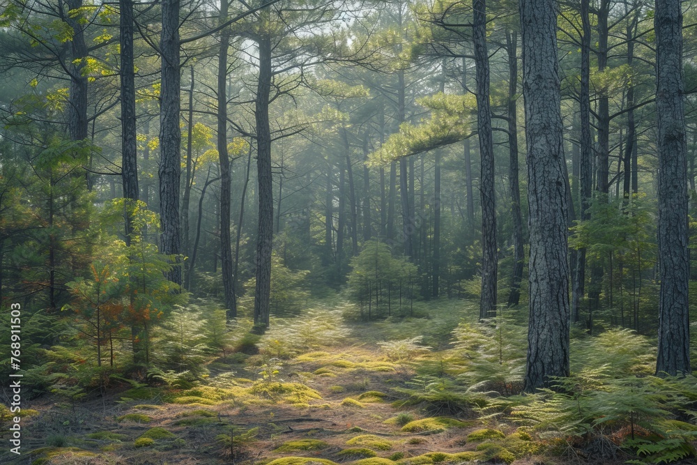 Fototapeta premium Sunlight shining through the trees in a dense green forest