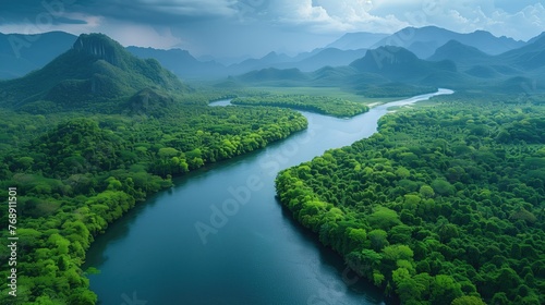 Beautiful natural scenery of river in tropical green forest with mountains in background, aerial view drone shot, generative ai
