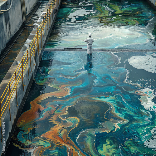 A massive clarifier separating sludge from water in a wastewater treatment facility Technicians inspecting the equipment to maintain optimal operation photo