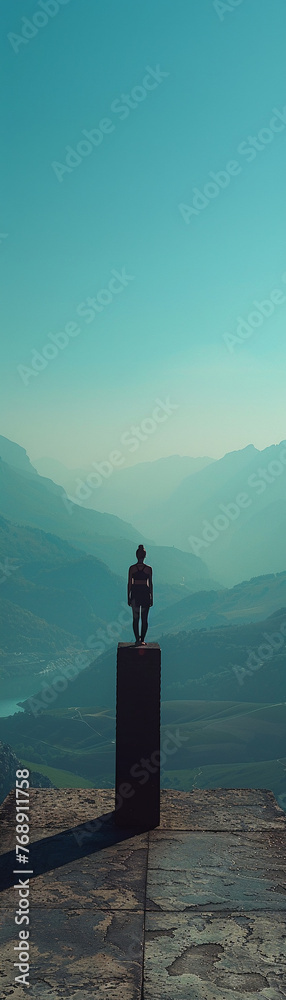 Warrior Pose, yoga block, strong and balanced, overlooking a majestic mountain range, clear blue skies above, photography, silhouette lighting, HDR