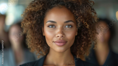 Professional Elegance and Natural Beauty. A poised young professional woman stands confidently with a gentle smile, her curly hair framing a naturally beautiful face marked with charming freckles. photo