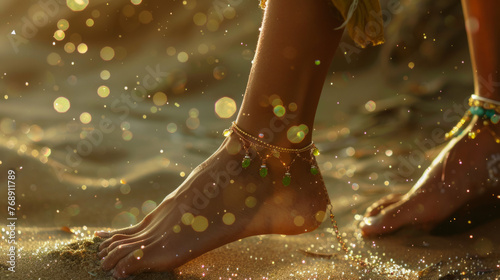 A sunlit, close-up view of a woman's adorned foot on the sandy beach, capturing the glitter from anklet jewelry photo