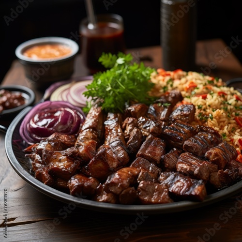A plate of delicious grilled meat with rice and vegetables
