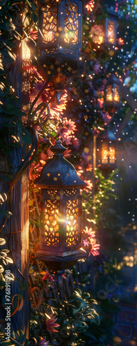 Lanterns, enchanted tales, casting more than light Each shade intricately designed, projecting stories and folklore onto walls 3D render, backlight, chromatic aberration