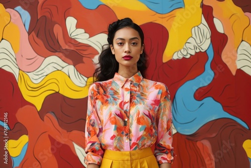 Asian Woman Standing in Front of Colorful Wall Generative AI