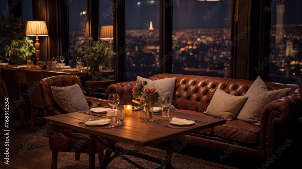 Elegant dining room with a view of the city at night Elegant dining room with a view of the city at night