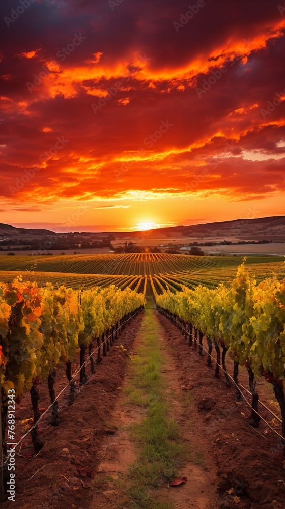 Rows of grape vines in a lush, green vineyard at sunset