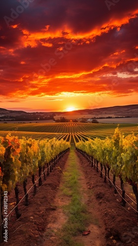 Rows of grape vines in a lush, green vineyard at sunset