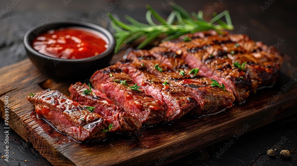 Sliced flank steak cooked medium on a charcoal grill on a dark background. Top view