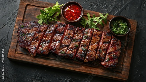 Sliced flank steak cooked medium on a charcoal grill on a dark background. Top view