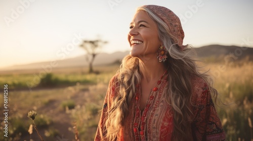 portrait of a smiling woman wearing a headscarf in a field photo