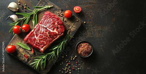 Raw, flap or flank, also known Bavette steak near butcher knife with pink pepper and rosemary photo