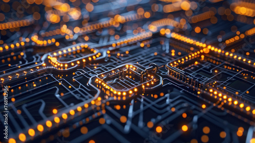 The image crafted from your descriptions and tags showcases a close-up view of a computer circuit board, intricately designed and predominantly blue, emphasizing its technological and hardware compone photo