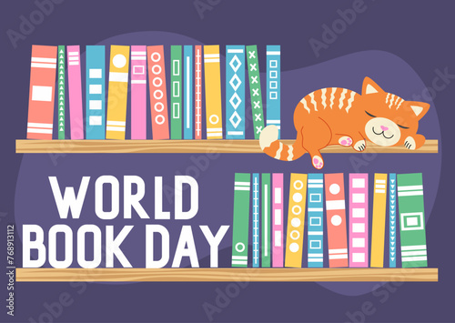 world book day shelves with books and cat banner