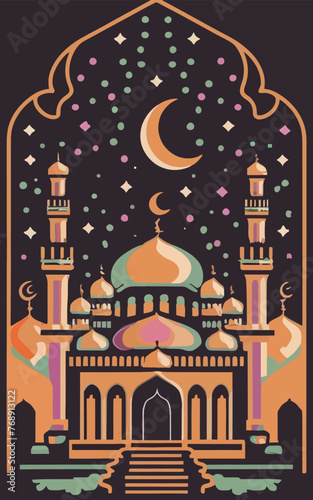 2d vector illustration art colorful Ramadan mosque professional shirt design, illustration, typography, dark fantasy
