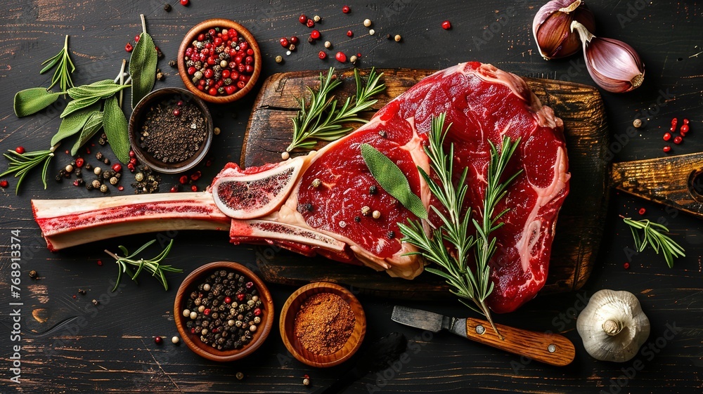 raw Tomahawk steak on wooden background with spices for grilling - obrazy, fototapety, plakaty 
