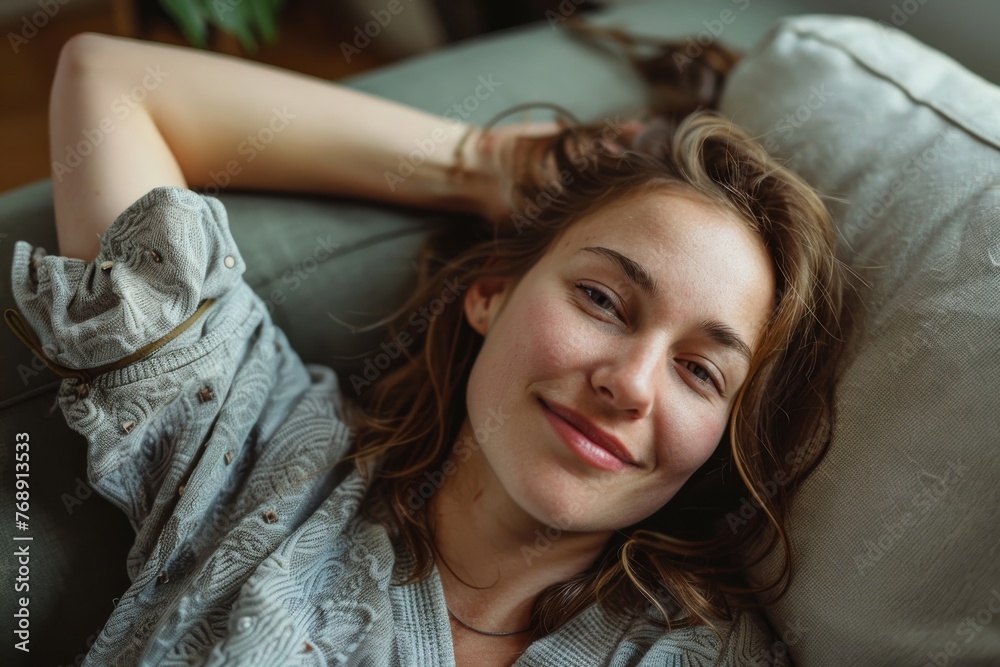 Woman with casual clothes is relaxing sitting and sleeping on a sofa in a living room in safezone comfortable area. Generative AI. Woman with casual clothes is relaxing sitting and sleeping on a sofa in a living room in safezone comfortable area. Generative AI.