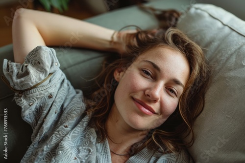 Woman with casual clothes is relaxing sitting and sleeping on a sofa in a living room in safezone comfortable area. Generative AI.