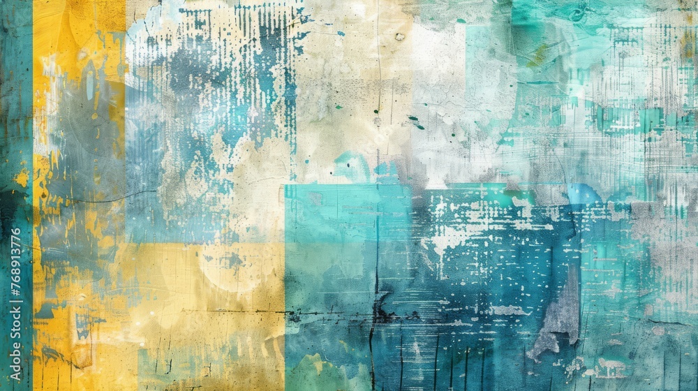 Artistic blend of dripping paint effects on a textured surface with cool yellow and blue tones..