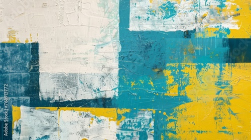 A bold abstract art piece with vibrant yellow and teal, featuring layered paint textures..