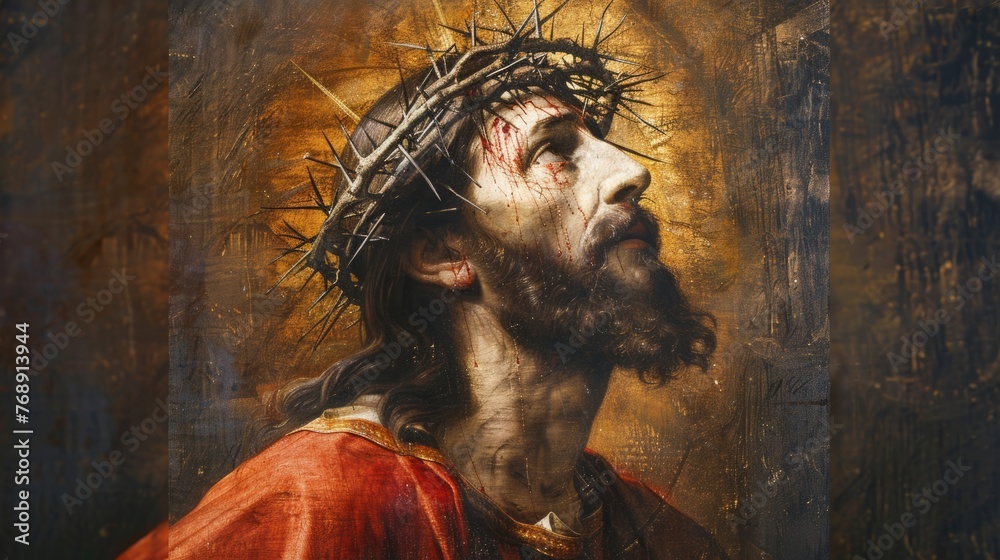 Classic portrait of Jesus with the crown of thorns, reflecting solemnity and grace, Scene illustration , Realistic painting