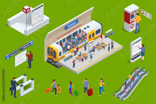 Isometric set Subway Elements. Turnstile ticket check, Enter to Metro, Escalator, Ticket purchase, Metro-carriage, Transition metro station, Metro-station, Metro-Tunnel