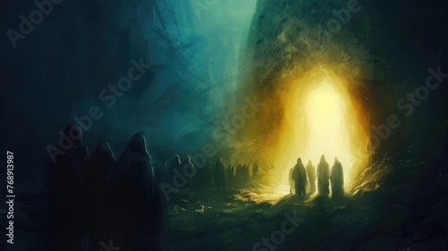 Easter illustration of the Resurrection, with light overcoming darkness, symbolizing hope, Scene illustration , Realistic painting